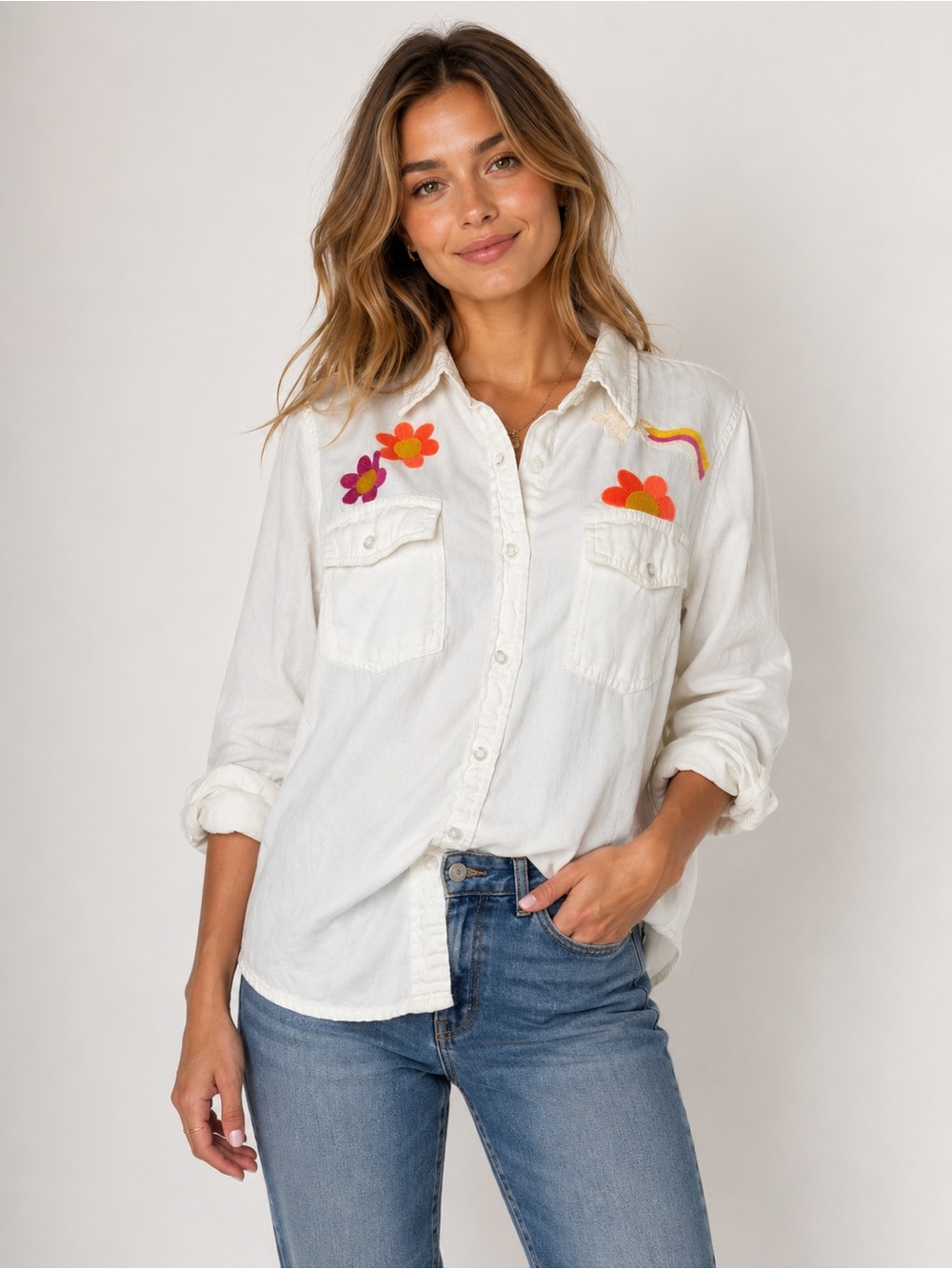 Billy T Peace Love Embroidered White Canvas Utility Shirt Women's Size Small